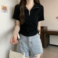 ราคา เสื้อสีดำ เสื้อโปโลสีดำ เสื้อยืดผู้หญิง มีซิป รูดเชือก สีพื้น สไตล์ลำลอง (41576545440)