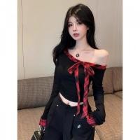 ราคา เสื้อปาดไหล่ผูกโบว์แขนยาวสำหรับผู้หญิง ดีไซน์ลายสก๊อต (56651641093)