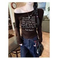 ราคา เสื้อยืดแขนยาวเปิดไหล่สำหรับผู้หญิง พิมพ์ลายสไตล์อเมริกัน เข้าทรง (40126557457)