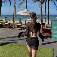 ราคา CODECOVE ชุดบิกินี่สี่ชิ้น สีแดงบริสุทธิ์สีขาวแขนยาวชุดว่ายน้ํา ออกแบบใหม่ปกขึ้นกระโปรงลูกไม้ขึ้นการออกแบบสีทึบแยกชุดว่ายน้ําชายหาดชุด (44424918443)