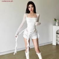 ราคา CODECOVE แมงกะพรุนตาข่ายเข็มขัดเสื้อยืด StreetwearเกาหลีY2K Ins Slim Fit Crop Tops หวานElfแขนยาวโปร่งใสจีบคอRuffleเสื้อแขนยาวTravel (41770047317)