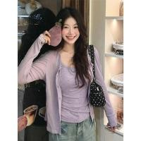 ราคา เสื้อกลมือสไตล์เกาหลีสีม่วง สำหรับสาวฮอตและใส่ลำลอง ชุดสูทสายเดี่ยว (55201947163)