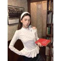 ราคา เสื้อยืดแขนยาวผู้หญิง ลายจุดลูกไม้ขึ้นเอียง สไตล์หวานเผ็ด สีขาว (48100671278)