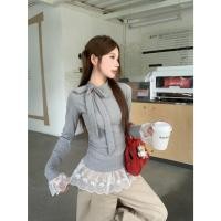 ราคา เสื้อยืดผู้หญิงสไตล์เกาหลี แขนยาว เอวเข้ารูป มีลายลูกไม้ปลอม (43870771735)