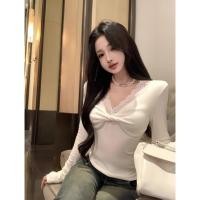 ราคา เสื้อยืดแขนยาวลูกไม้ตัดต่ำทั้งหน้าอกและหลัง คอวี สีขาว สำหรับฤดูใบไม้ร่วงถึงฤดูหนาว คุณภาพเยี่ยม (43518819924)