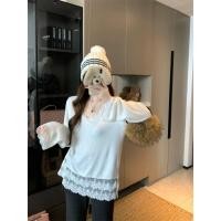 ราคา เสื้อยืดผู้หญิง แขนยาว คอวี ลายลูกไม้สีขาว สวมใส่ง่ายสำหรับทุกวัน (53551956058)