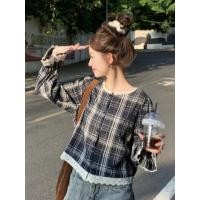 ราคา เสื้อเชิ้ตแขนยาวลายสก๊อตสตรอเบอร์รี่สีดำ เย็บลูกไม้สไตล์เกาหลี (50851660139)