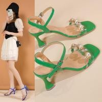 ราคา รองเท้าส้นสูง สายคล้องข้อเท้า ประดับคริสตัล ทรงสี่เหลี่ยม สีเขียว สีขาว สําหรับผู้หญิง (16995072903)