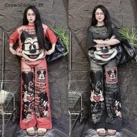 ราคา CrownFamily ชุดแฟชั่นย้อนยุค การ์ตูนพิมพ์แขนสั้น กางเกงขาบาน สำหรับใส่ลำลอง (51651469141)