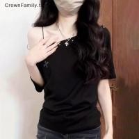 ราคา เสื้อยืดแขนสั้นเปิดไหล่ปักลาย Rhinestone สไตล์อเมริกัน สำหรับผู้หญิง (50401413048)