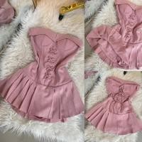 ราคา จั้มสูทกระโปรงสั้นลายริ้วเกาะอกแต่งสานหน้าSR mm844 (42507506389)