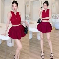 ราคา Set เสื้อคอปลูกไม้แขนกุดคอปกกระดุมหน้ากระโปรงกางเกง ST (29431098616)