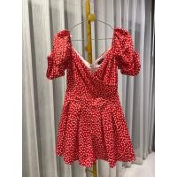 ราคา E346 จั๊มสูทขาสั้นสีแดงลายดอก งานป้ายเกาหลี (56401182179)