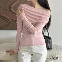 ราคา Spring Autumn Women s Long sleeved T shirt Sexy Boat Neck Off Shoulder Bottoming Shirt Slim Stretch T shirt Pink อก30 34 (51751427440)