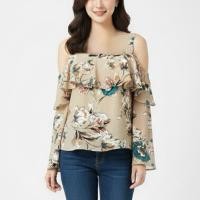ราคา E442 เสื้อเบลาส์แขนยาวแบบเปิดไหล่พิมพ์ลายดอกไม้สีเบจ (43425029758)