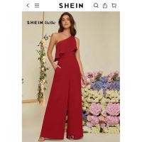 ราคา E051 SHN Ruched Trim One Shoulder Wide Leg Jumpsuit Red Color จั๊มสูทขายาวสีแดงไหล่เดียว (42317444605)