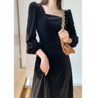 ราคา E251 เดรสกำมะหยี่สีดำแบบ Midi แขนยาว (41423392336)