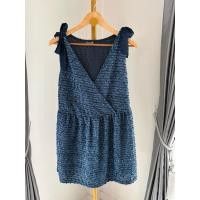 ราคา E373 เดรสสีน้ำเงินกรมท่าผูกโบว์ที่ไหล่ผ้าเป็นขนฟุ้งฟิ้ง (41025858767)