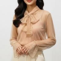 ราคา E092 เสื้อชีฟองซีทรูสีครีมประดับไข่มุก มีโบว์ผูกที่คอและแขนเสื้อแบบระบาย (40123389806)