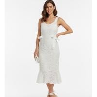 ราคา เดรสลูกไม้สีขาวแต่ง detail โบว์ผูกข้าง ทรงหางปลาระบาย (40026114689)