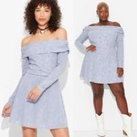 ราคา Women s Long Sleeve Flocked Mini Fit and Flare Holiday Dress Wild Fable เดรสสีเทาอมฟ้าแขนยาวปาดไหล่ สาวอวบ 2X D018 019 (26077488301)