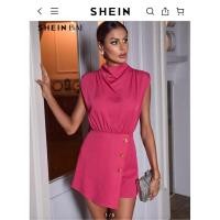 ราคา E020 SHN BAE Draped Collar Button Detail Asymmetrical Hem Romper จั๊มสูทขาสั้นสีชมพูhot pink Size XL สาวอวบ (43415835695)