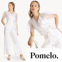 ราคา E121 Pomelo เสื้อคอวี แขนพองผ้าบาง สีขาว 990 Size M (42924146308)