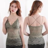 ราคา E289 เสื้อสายเดี่ยวลูกไม้แบบนุ่มตัวยาวเสริมฟองน้ำหน้าอกสีเขียวขี้ม้า มือสอง (42517479116)