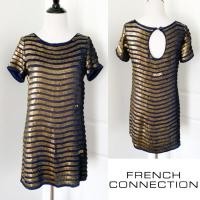 ราคา ล240 French Connection Navy and Gold Sequined Striped Mini Dress (41923808735)