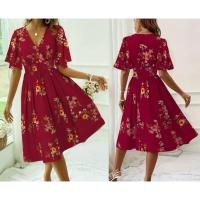 ราคา E041 SHN Floral Print Summer Wrap Dress เดรสสีแดงเลือดหมูลายดอกผ้าใส่สบายไม่ร้อน (40017479848)