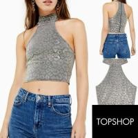 ราคา TopShop Metallic silver leopard print halter crop top D110 (22764749921)
