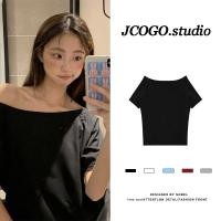 ราคา 5สี เสื้อยืด เสื้อปาดไหล่ เสื้อปาดไหล่สาวอวบใส่ได้ เนื้อผ้านุ่มลื่นใส่สบาย oversize สีทึบเสื้อยืดสวยๆผู้หญิงที่กําลังฮิต (28834729361)