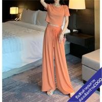 ราคา COGO พร้อมส่ง ชุดเซทแฟชั่นผุ้หญิง เกาหลี เสื้อครอปแขนสั้นเอวลอย กางเกงขากว้างขายาว ชุดลําลอง (3841231109)