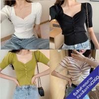 ราคา เสื้อไหมพรมแขนสั้นคอวี t shirt ผ้าร่อง สีพื้น เสื้อผ้าแฟชั่นสาวอวบ เสื้อครอปกระดุมหน้า ใส่สบายผู้หญิงน่ารัก (11242022297)