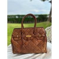 ราคา กระเป๋าหนังนกกระจอกเทศแท้ Patchworks ทรงเบอร์กิ้น มือสอง (25946540294)