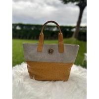 ราคา กระเป๋าถือ แคนวาส ผสมหนังนกกระจอกเทศสีเหลือง มือสอง (41568056612)