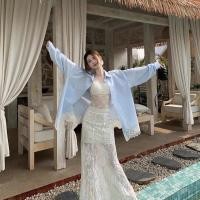 ราคา สีฟ้าแฟชั่นสบายๆสีฟ้าเสื้อแขนยาว 2025ฤดูใบไม้ผลิฤดูร้อนสไตล์ใหม่หลวมเสื้อผู้หญิงกลางความยาวลูกไม้เย็บเสื้อ (29030990702)