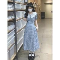 ราคา ชุดเดรสตรวจสอบลําลองฝรั่งเศสผู้หญิง 2025ฤดูร้อนย้อนยุคสีฟ้าชุดยาว ชุดลูกไม้ (26432314347)