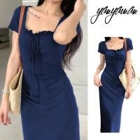 ราคา แฟชั่นแฟชั่นที่เรียบง่ายสีฟ้าแขนสั้นชุด2025แฟชั่นสไตล์ใหม่ชุดแฟชั่น หางปลา ชุดเดรสยาวแฟชั่นจับคู่ (29926781130)