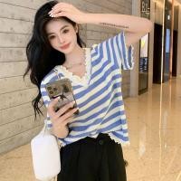 ราคา Agaric Edge Striped v คอแขนสั้นเสื้อยืดผู้หญิง 2025 ฤดูร้อนสไตล์ใหม่แฟชั่นผู้หญิง Top เกาหลีเสื้อผ้าผู้หญิง (29283443797)