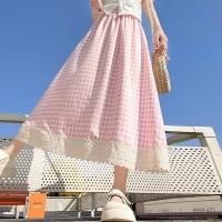 ราคา แฟชั่นลูกไม้กระโปรงลายสก๊อตผู้หญิง 2025ฤดูร้อนกลางความยาวเอวสูงปุยกระโปรงยาว (25393277585)