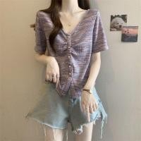 ราคา เสื้อยืดผู้หญิงสีม่วง คอวีแขนสั้น สไตล์เกาหลีสำหรับฤดูร้อน (40815521929)