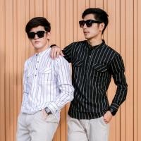 ราคา เสื้อเชิ้ตคอจีน ลายริ้ว กระเป๋าคู่ เนื้อผ้าใส่สบาย พร้อมส่ง (24713575968)