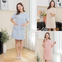 ราคา DR2464 เดรสผ้าแนล แพทเทิร์นทรงปล่อย แต่งคอ และแขนด้วยอะไหล่มุก ชายแขนแต่งรุ่ยเย็บชายเรียบร้อย (26707223030)