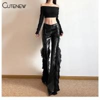 ราคา Cutenew Y2K PU กางเกงหนังผู ้ หญิงสีดํา Ruffle Street สไตล ์ เอวสูง Flare กางเกง (28951459239)