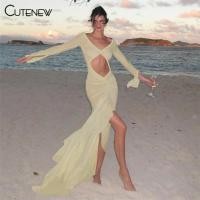 ราคา Cutenew Elegant Ruffle Beach Holiday ชุดยาวผู ้ หญิง Flare Sleeve Hollow Out Ruched Party Dress (29450283081)