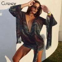 ราคา Cutenew พิมพ์ Backless มินิเดรสตาข่ายแขนยาว Lace Up ลึก V Hip Covering ไม่สม่ําเสมอ Ruched ผู้หญิงแฟชั่นลําลองเซ็กซี่สไตล์อเมริกัน (42751899889)