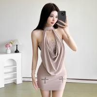 ราคา Cutenew Halter Ruched Slim Mini Dresses Wrap Chest Rivets Backless Hip Wraped Summer Women American Vintage Style (40763562763)
