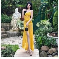 ราคา Cutenew ไม่สมมาตรชุดยาวผู้หญิงฤดูร้อน Ruched ตาข่าย Ruffle ด้านข้าง Slit Midi Dress (25733302803)