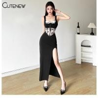 ราคา Cutenew ลูกไม ้ Patchwork Bow Side Slit ชุดยาวสําหรับผู ้ หญิงสีดํา Retro แขนกุด Backless สีดํา Streetwear Midi ชุด 2024 ฤดูร ้ อน (22789960281)